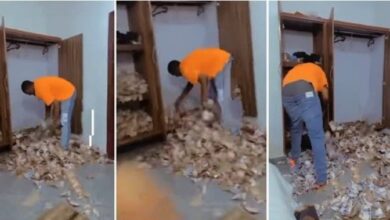 Young man empties wardrobe filled with money, it floods his room