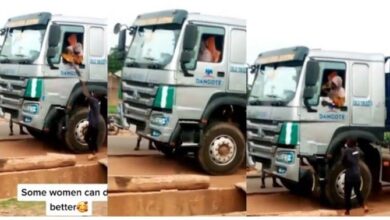 Woman in hijab spotted driving Dangote trailer (Watch video)