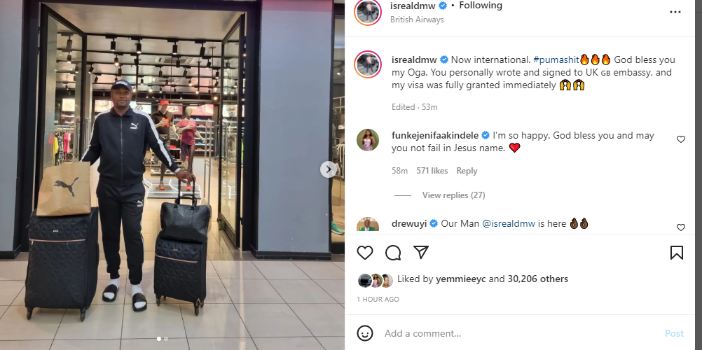 Davido?s aide Israel arrives London, thanks the singer for writing to the UK Embassy to approve his visa