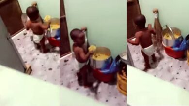 Toddler in diapers bursts into tears after he was caught stealing food from pot