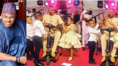 “I Must Born Triplets, Na Who Go Give Me Belle Remain” –  Netizens Reacts To Heartwarming Video Of Yinka Ayefele And His Triplets On Stage