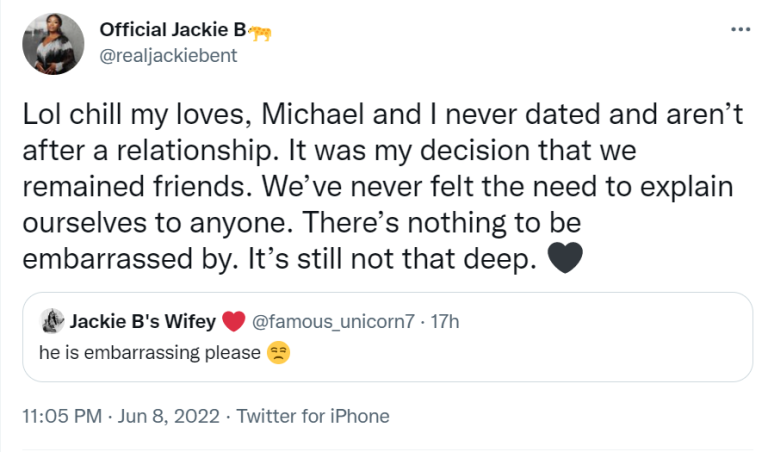 Jackie B and Michael never dated