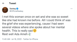Bbnaija’s Saskay Reveals The Experience She Had With Late Actress, Ada Ameh On A Movie Set