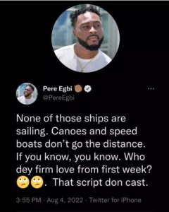 Bbnaija Season 7 Ships, Pere Egbi Shares His Opinion