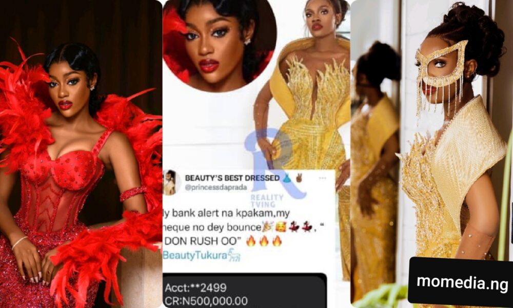 “Beauty Cheque Nor Dey Bounce” – Bbnaija Prince’s Sister Writes As She Received Her 50,000 Alert For Winning The Best Dressed At Beauty’s Party