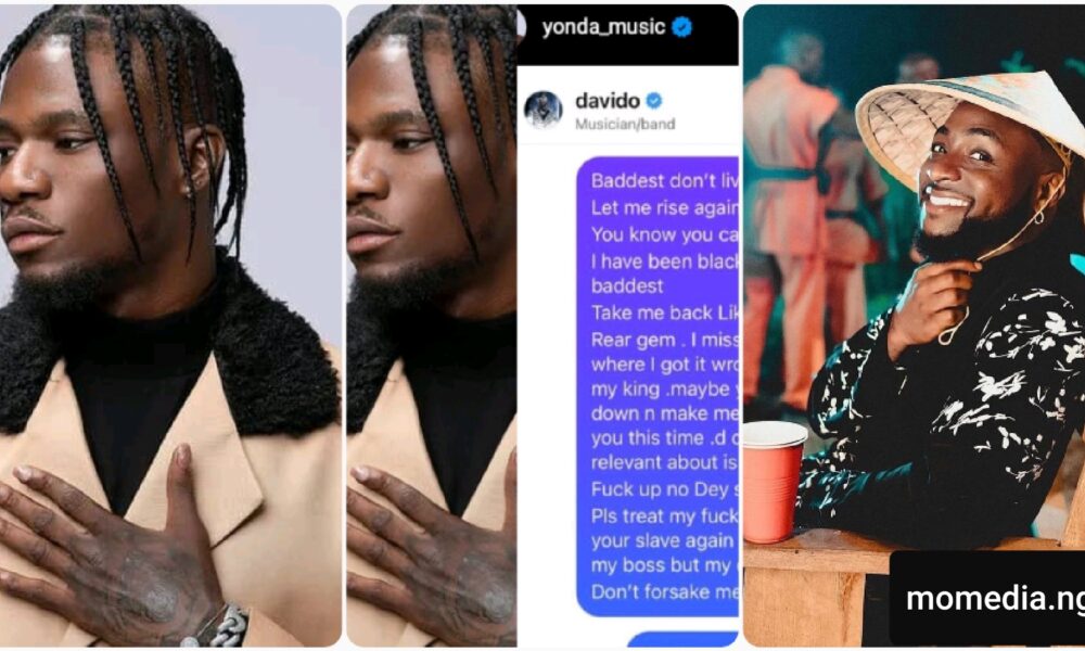 “Take Me Back Like The Prodigal Son” – Davido’s Former Signee, Yonda Apologizes To Him, Appeals To Him To Take Him Back Into His Music Record Label