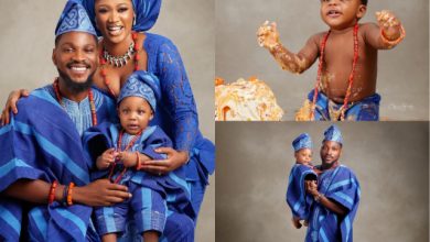 Tobi Bakre shows off his son’s face as he celebrate his first birthday