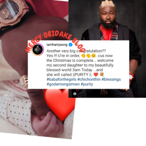 "My Christmas Is Complete..She Will Be Called Purity"- Singer, Harrysong Says As He Welcomes Second Daughter