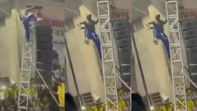 Portable the magician- Singer Portable creates a scene as he climbs ladder to perform at an event [Video]