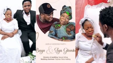 No go cheat o Mama no dey hear beg o– Reactions as Iya Gbonkan ties the knot with young lover [Photos/video]