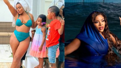 “See how your son is looking at you” – Laura Ikeji drags by fans as she poses in bikini in front of kids