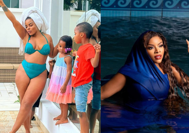 “See how your son is looking at you” – Laura Ikeji drags by fans as she poses in bikini in front of kids