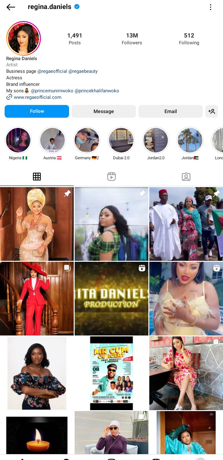 Regina Daniels Instagram page