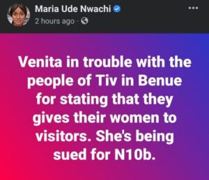 BBNaija Venita Reported Sue For N10 Billion By Tiv People (DETAIL)