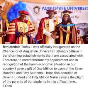 Femi Otedola donates N1million Each To 750 Students Of Augustine University As He Is Made Chancellor Of The Institution (DETAIL)