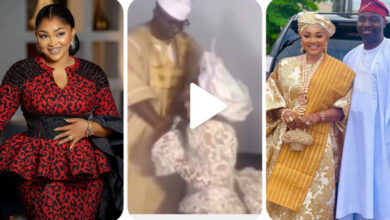 “He Turned To A Skitmarker” – Mercy Aigbe Weeps And Goes On Her Knees To Thank Her Husband, Kazim Adeoti, For His Support Of Her New Movie (VIDEO)