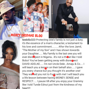  I will teach you a life lesson between having MONEY, SENSE and RESPECT- Tiwa Savage Ex-husband, Teebillz sl@ms Davido for allegedly disrespecting his family (DETAIL)