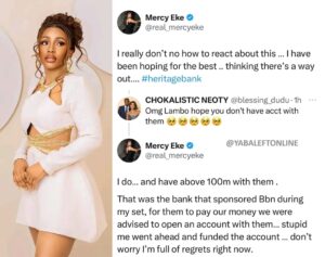 "I Have Over N100m In Heritage Bank" - BBNaija Star, Mercy Eke Cries Out As CBN Revoked Heritage Bank License (DETAIL)