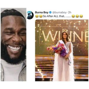 Burna Boy M0cks South Africans After Mia Le Roux, a D£af Caucasian South African, Wins Miss South Africa (DETAILS)