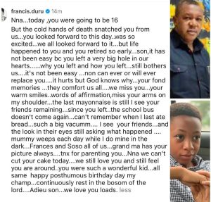 "Since You Left... The School Bus Doesn’t Come Again" – Actor Francis Duru Pens Emotional Tribute to Late Son Ifeanyi on His Posthumous 16th Birthday