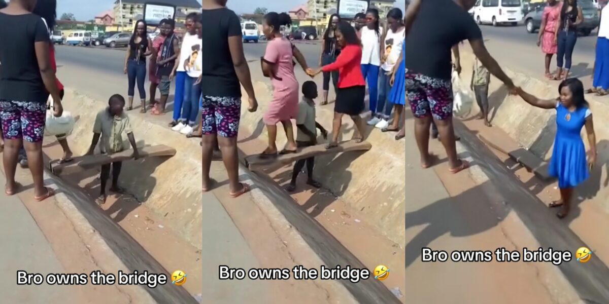 Drama as boy demands money from folks crossing his 'bridge'